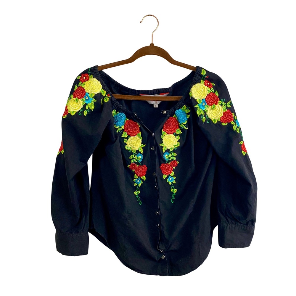 Roja Embroidered Floral Peasant Blouse Black Cotton Western Pearl Snap Top L